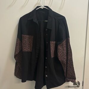 Women’s black denim shirt w/ leopard print sleeves/pockets